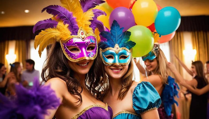 Två kvinnor som är bjudna på maskeradfest, utklädda i sina finaste maskeraddräkter.