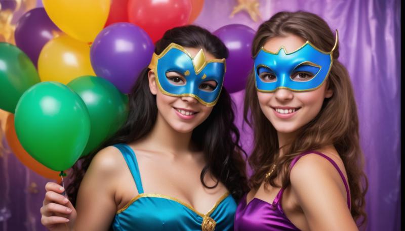 Två kvinnliga gäster på ett roligt maskeradkalas. Gästerna är utklädda i fina maskeradkläder de köpt online.